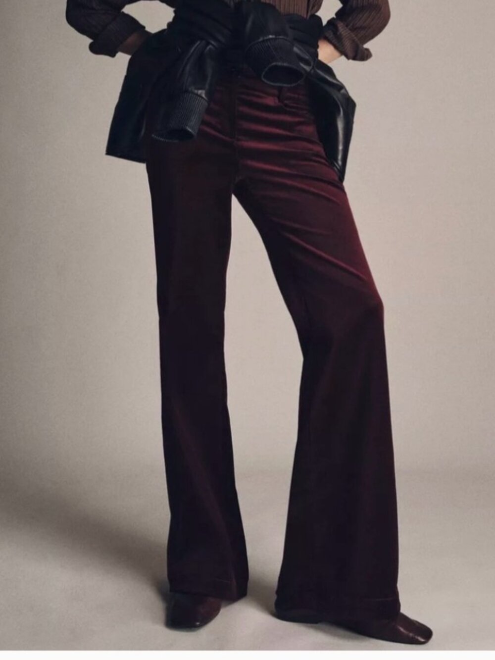 Zara ZW COLLECTION Burgundy Velvet Flare Pants Size Large